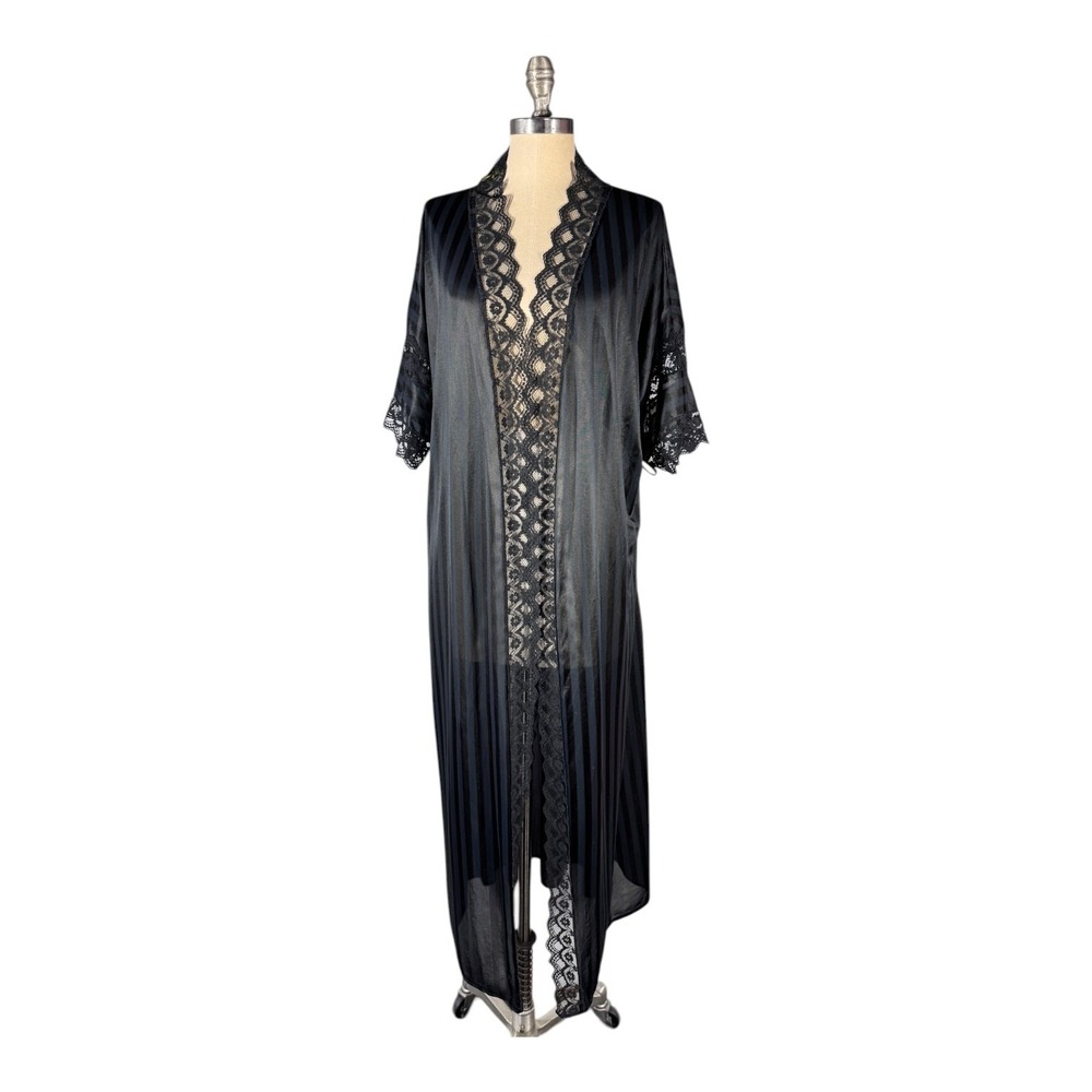 Fredericks of Hollywood Robe Medium Black Sheer Lace Trim Long Lounge VTG